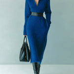 ElevenOra Stylish Elegant Royal Blue Lapel V-Neck Belted Long-sleeved Knit Maxi Dress