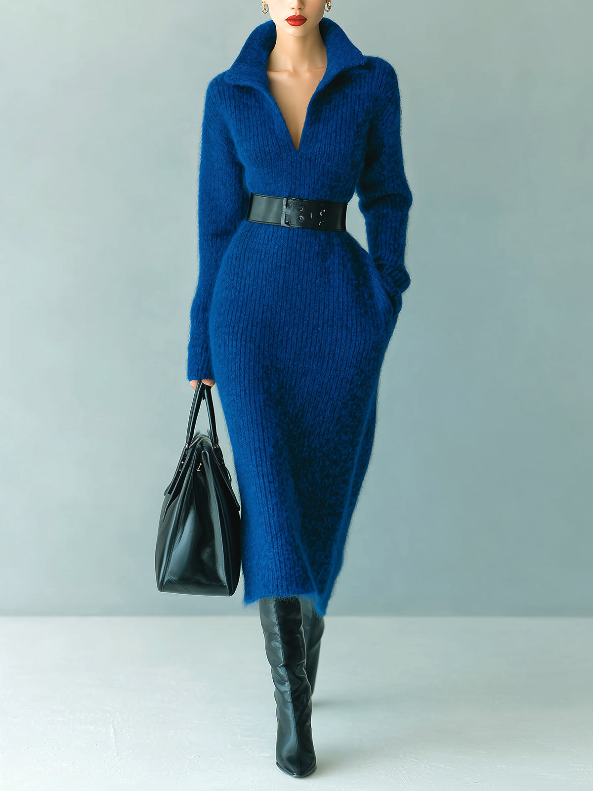 ElevenOra Stylish Elegant Royal Blue Lapel V-Neck Belted Long-sleeved Knit Maxi Dress