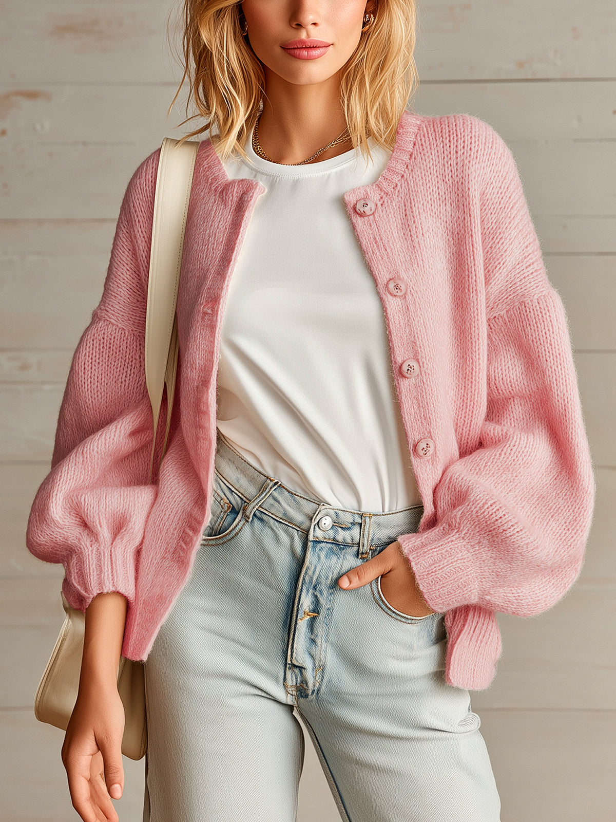 ElevenOra Chic Casual Pink Round Neck Long Lantern Sleeve Single-Breasted Loose-Fit Soft Knit Cardigan