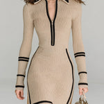 ElevenOra Stylish Color Block Line Zipper Lapel Slim Hem Side Slit Long Sleeve Knitted Mini Dress