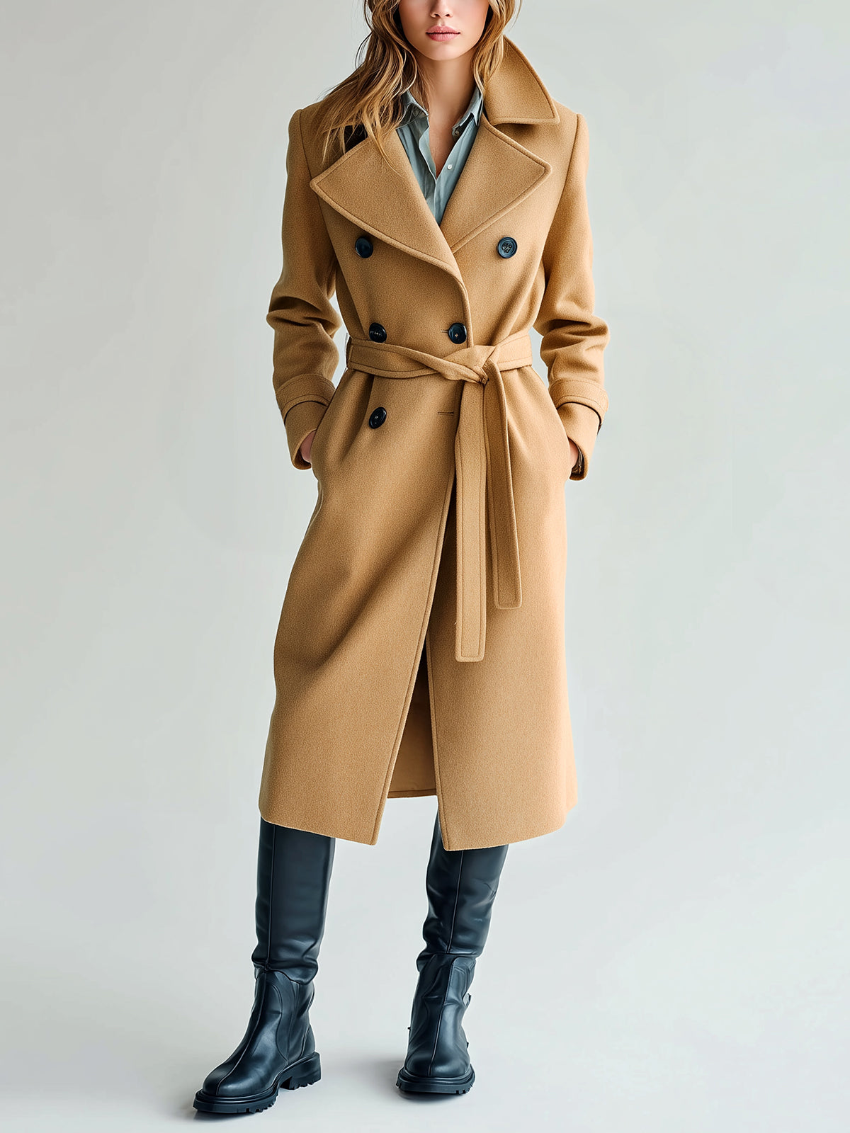 ElevenOra Chic Vintage Camel Wool Blend Oversized Lapel Double-Breasted Belted Mid-Length Warm Coat