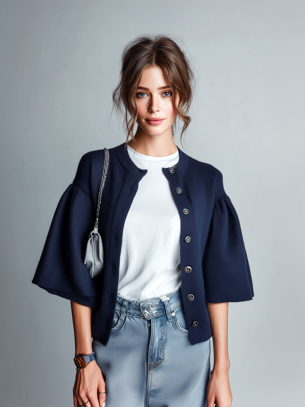 ElevenOra Chic Casual Navy Blue Round Neck Half Flare Sleeve Single-Breasted Loose-Fit Knit Cardigan