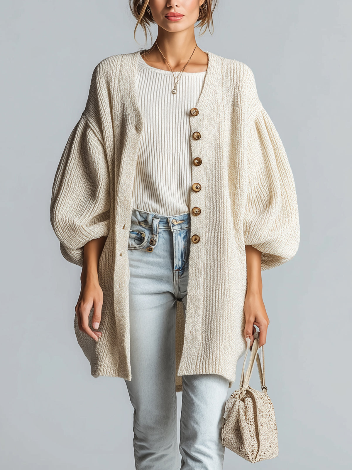 ElevenOra Chic Vintage Cream White Puff Sleeve Single-Breasted Oversized Ribbed Mid-Length Knit Cardigan