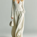 ElevenOra Chic Elegant Beige U-Neck Long Sleeve Slim Fit Ribbed Sweater A-Line Maxi Skirt Knit Two-Piece Set