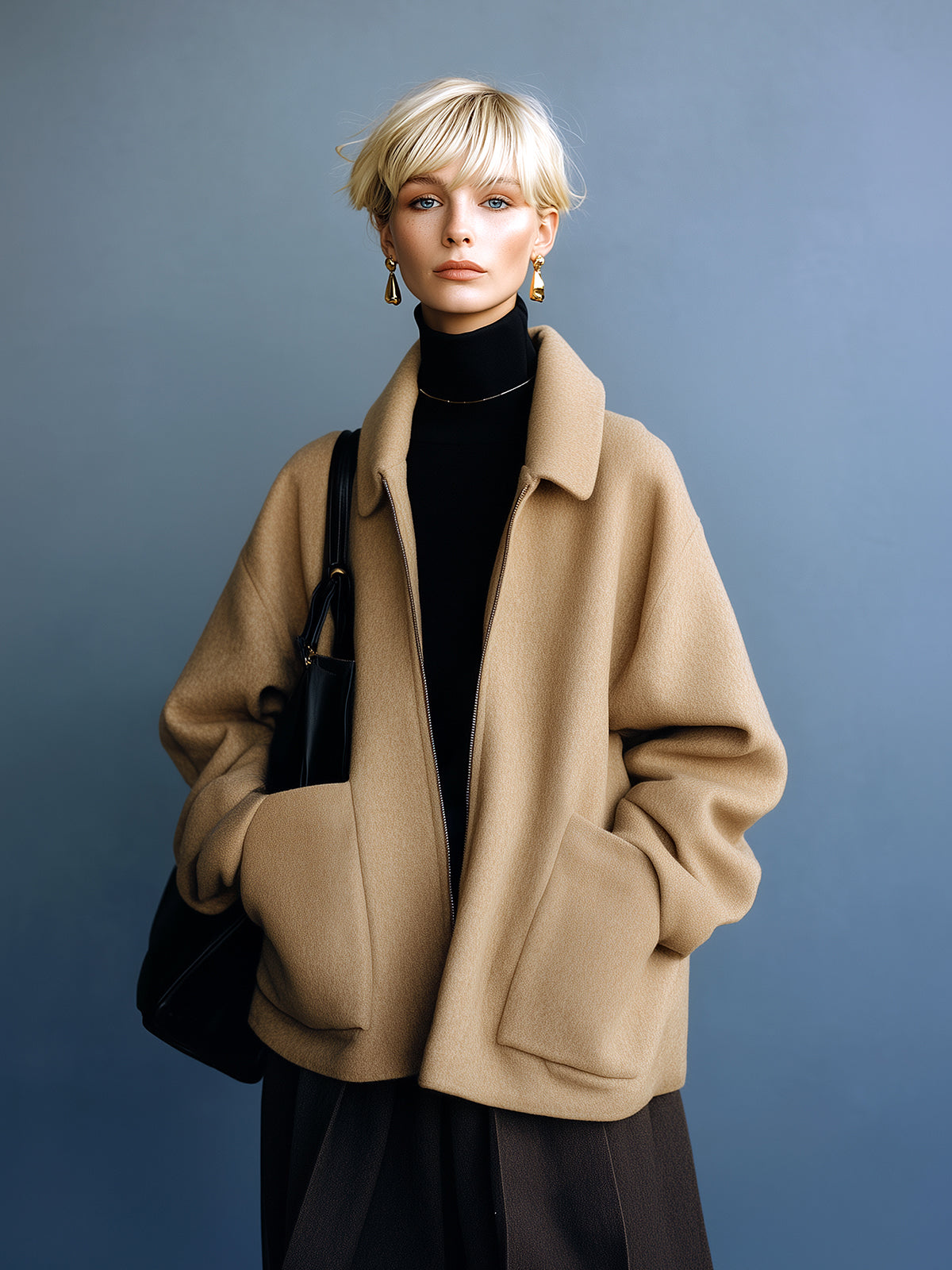 ElevenOra Chic Vintage Camel Wool Blend Lapel Zip-Up Large Pocket Slouchy Short Coat