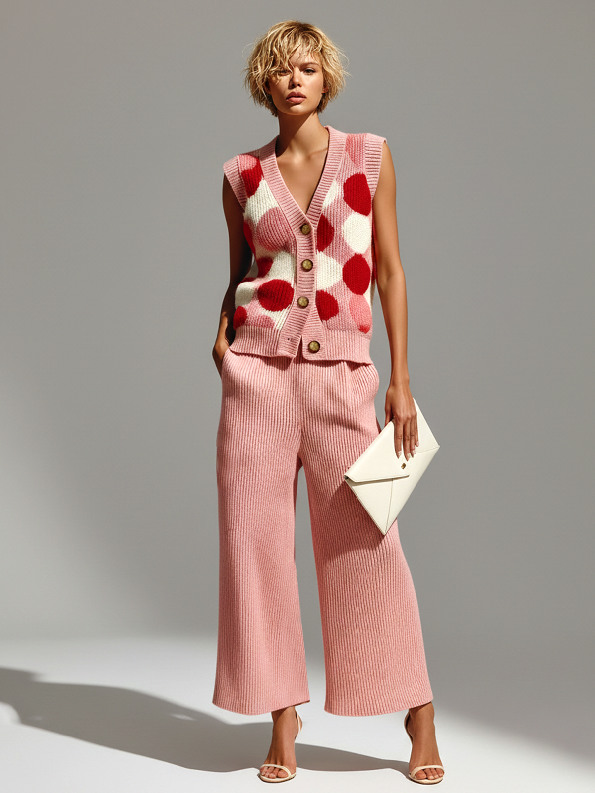 ElevenOra Stylish Elegant Pink Polka Dot Jacquard V-neck Button Slim-Fit Vest Wide-Leg Pants Knit Two-Piece Set