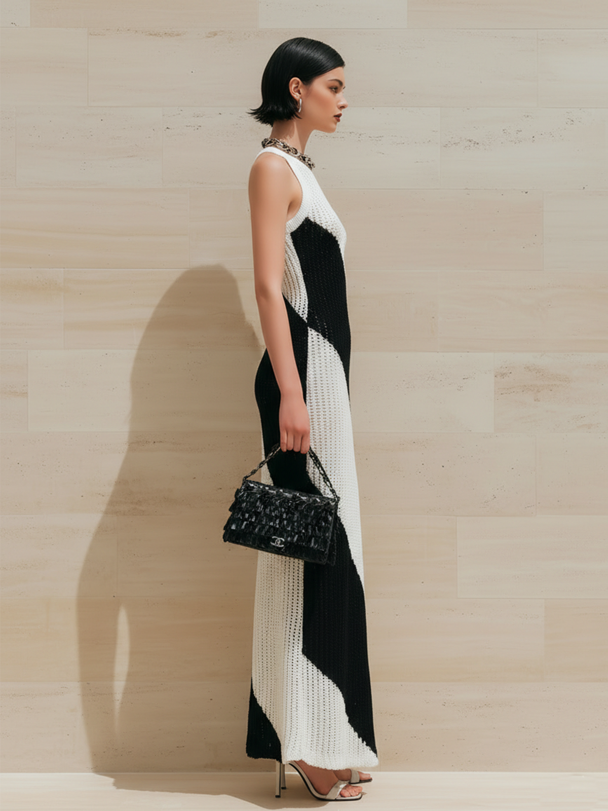 ElevenOra Stylish Elegant Black-White Colorblock Round Neck Sleeveless Slim-Fit Side Slit Ribbed Knit Maxi Dress