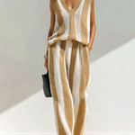 ElevenOra Chic Elegant White-Camel Striped V-Neck Sleeveless Loose Vest Wide-Leg Pants Knit Two-Piece Set