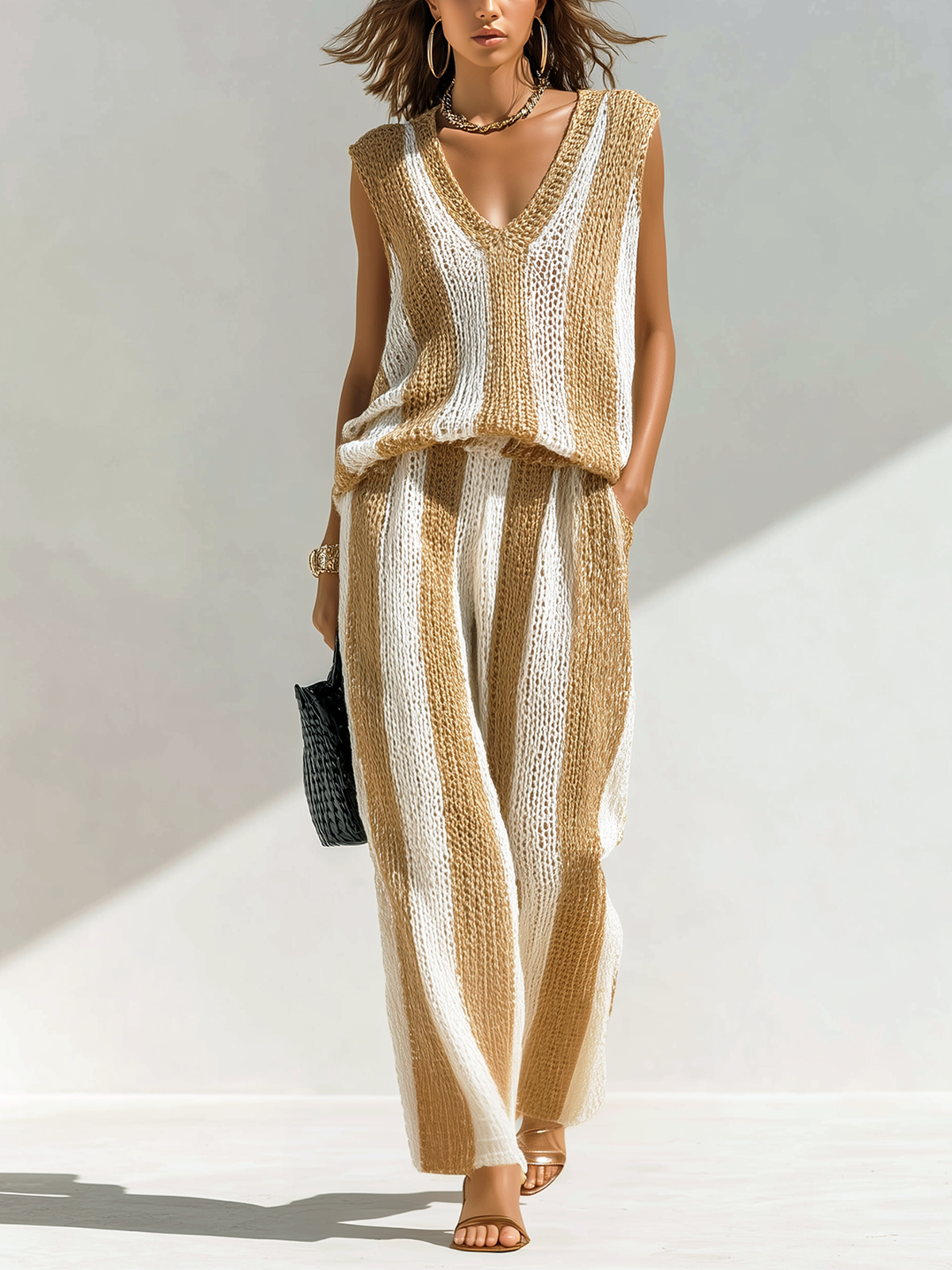 ElevenOra Chic Elegant White-Camel Striped V-Neck Sleeveless Loose Vest Wide-Leg Pants Knit Two-Piece Set