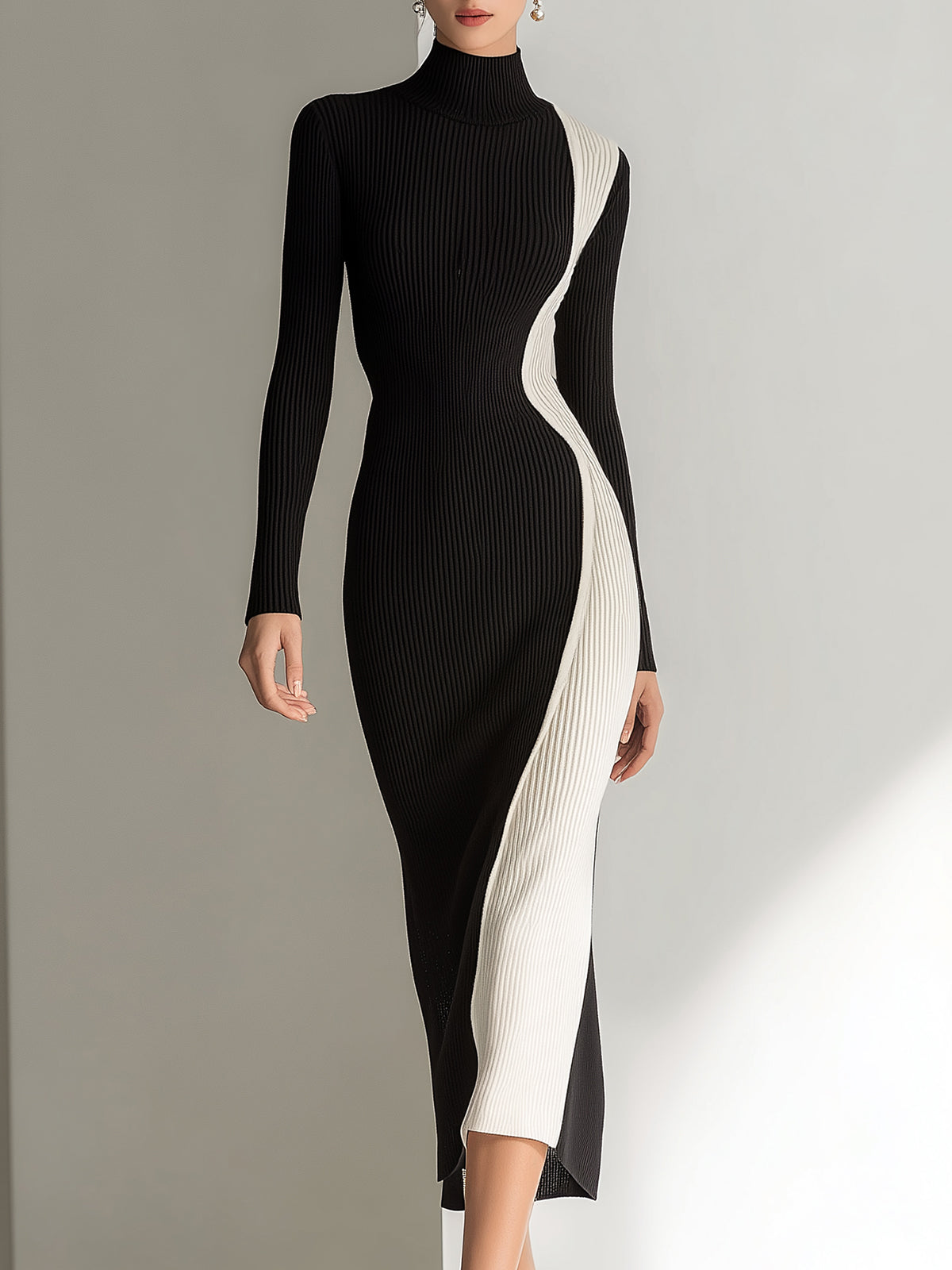 ElevenOra Vintage Elegant Color Matching Mock Neck Slim Fit Long Sleeve Knitted Bodycon Midi Dress