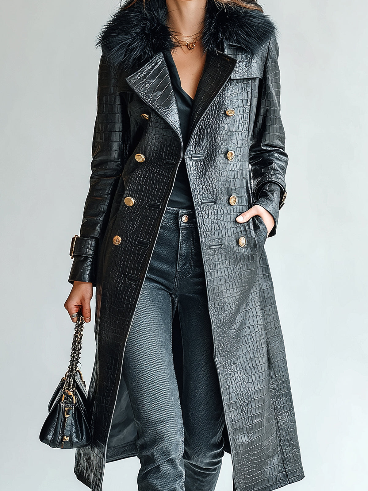 ElevenOra Chic Vintage Black Crocodile-Embossed Faux Leather Detachable Fur Collar Double-Breasted Long Trench Coat