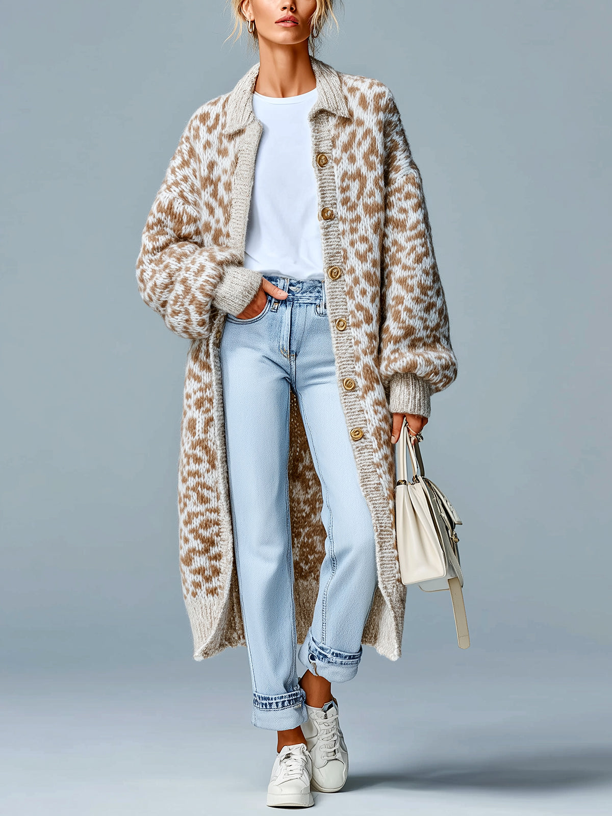 ElevenOra Chic Vintage Light Khaki Leopard Lapel Single-breasted Maxi-Length Slouchy Knit Cardigan