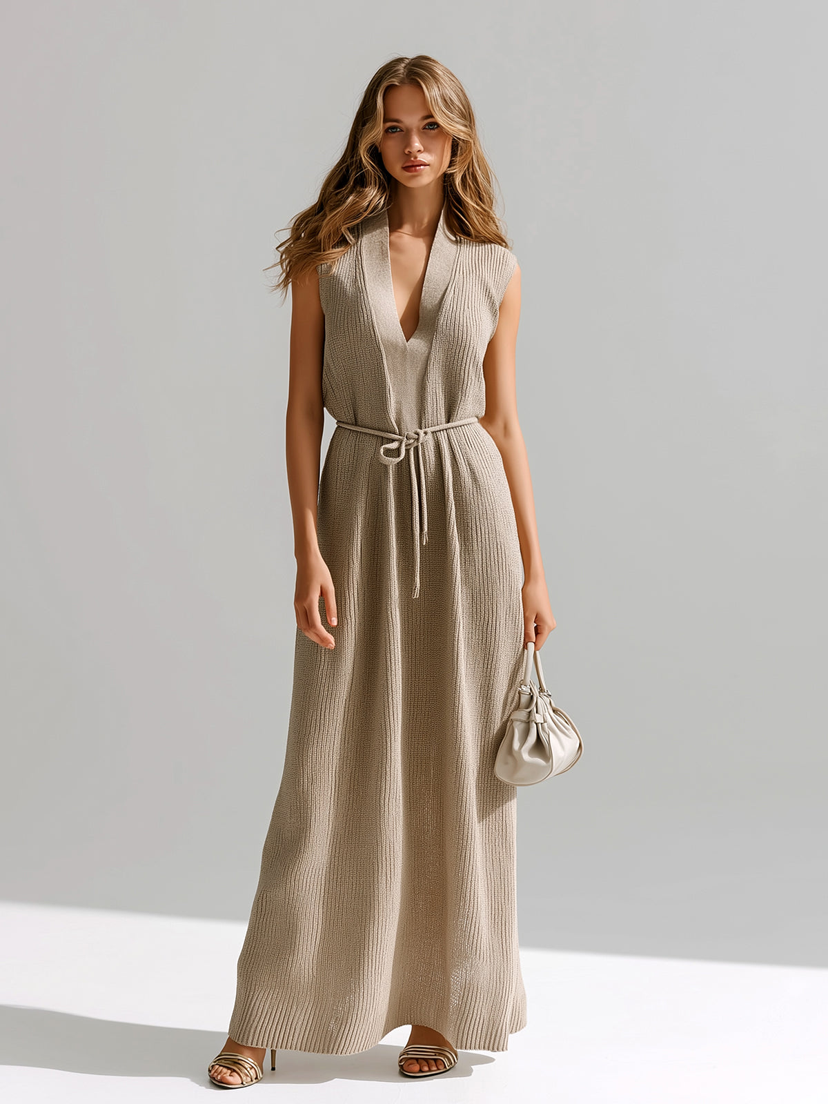 ElevenOra Chic Elegant Camel Deep V-Neck Sleeveless Loose-Fit Tie-Waist Ribbed Knit Maxi Dress