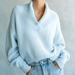 ElevenOra Chic Elegant Light Blue Shawl Collar Long-Sleeve Loose Ribbed Knit Sweater Top