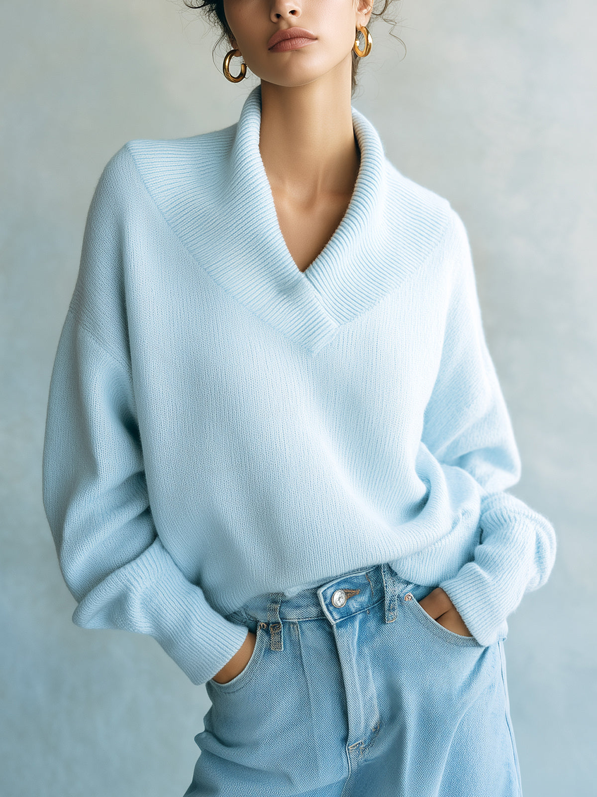 ElevenOra Chic Elegant Light Blue Shawl Collar Long-Sleeve Loose Ribbed Knit Sweater Top