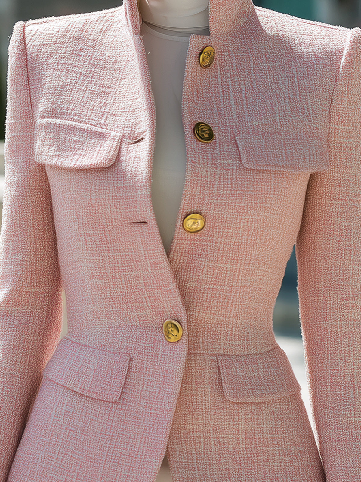 ElevenOra Chic Elegant Pink Tweed Stand-up Collar Single-breasted Tailored Waist Blazer