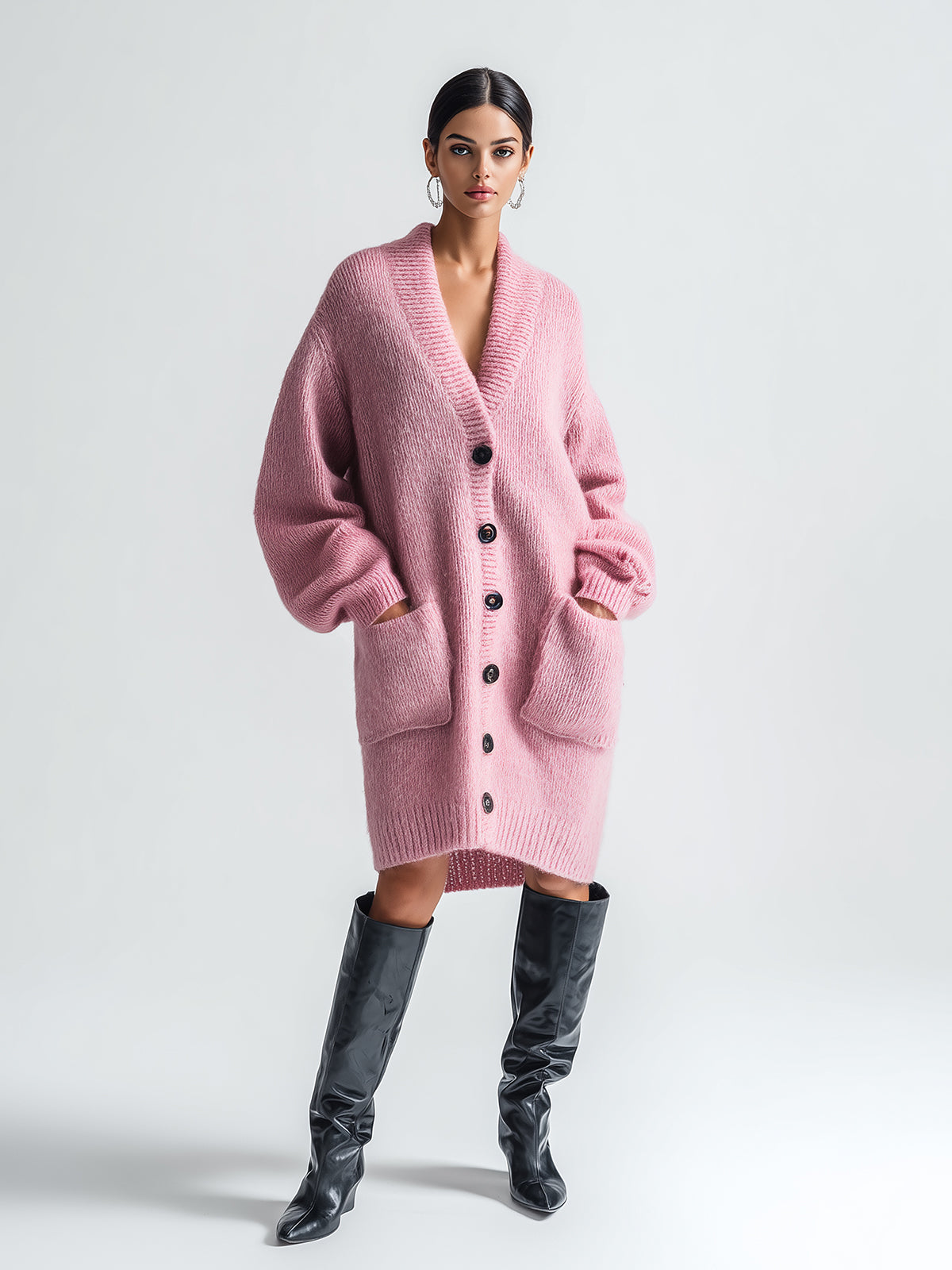 ElevenOra Chic Vintage Pink V-Neck Single-Breasted Long Sleeve Patch Pocket Oversized Knit Mid-Length Cardigan