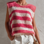 ElevenOra Chic Elegant Pink-Beige Stripes Round Neck Loose-ft Knit Vest Top