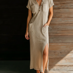 ElevenOra Chic Elegant Beige Lapel Collar Button-Down Patch Pocket Short-Sleeve Loose Side-Slit Ribbed Knit Maxi Dress