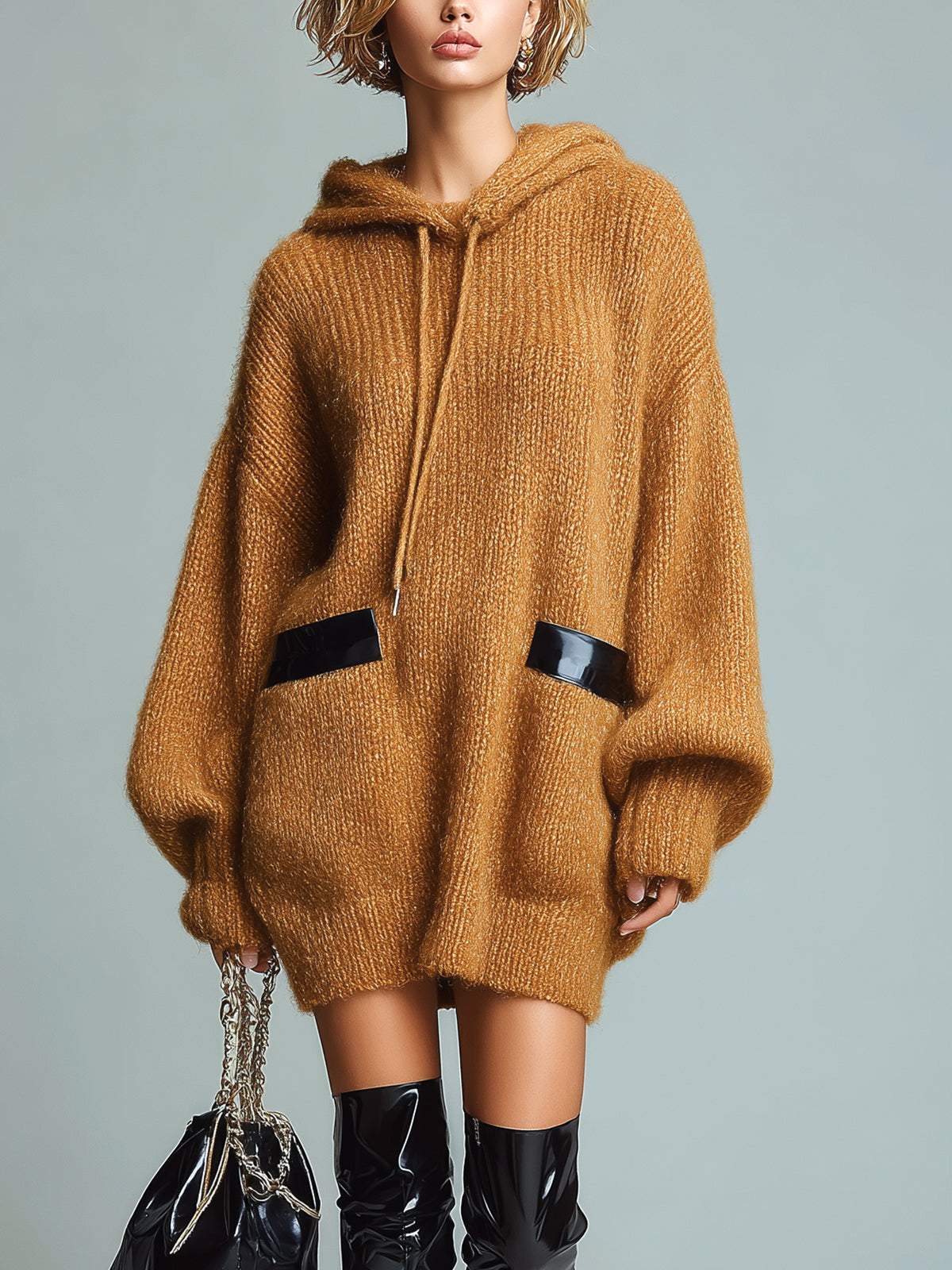 ElevenOra Casual Caramel Oversize Hooded PU Pocket Details Knit Sweater Mini Dress