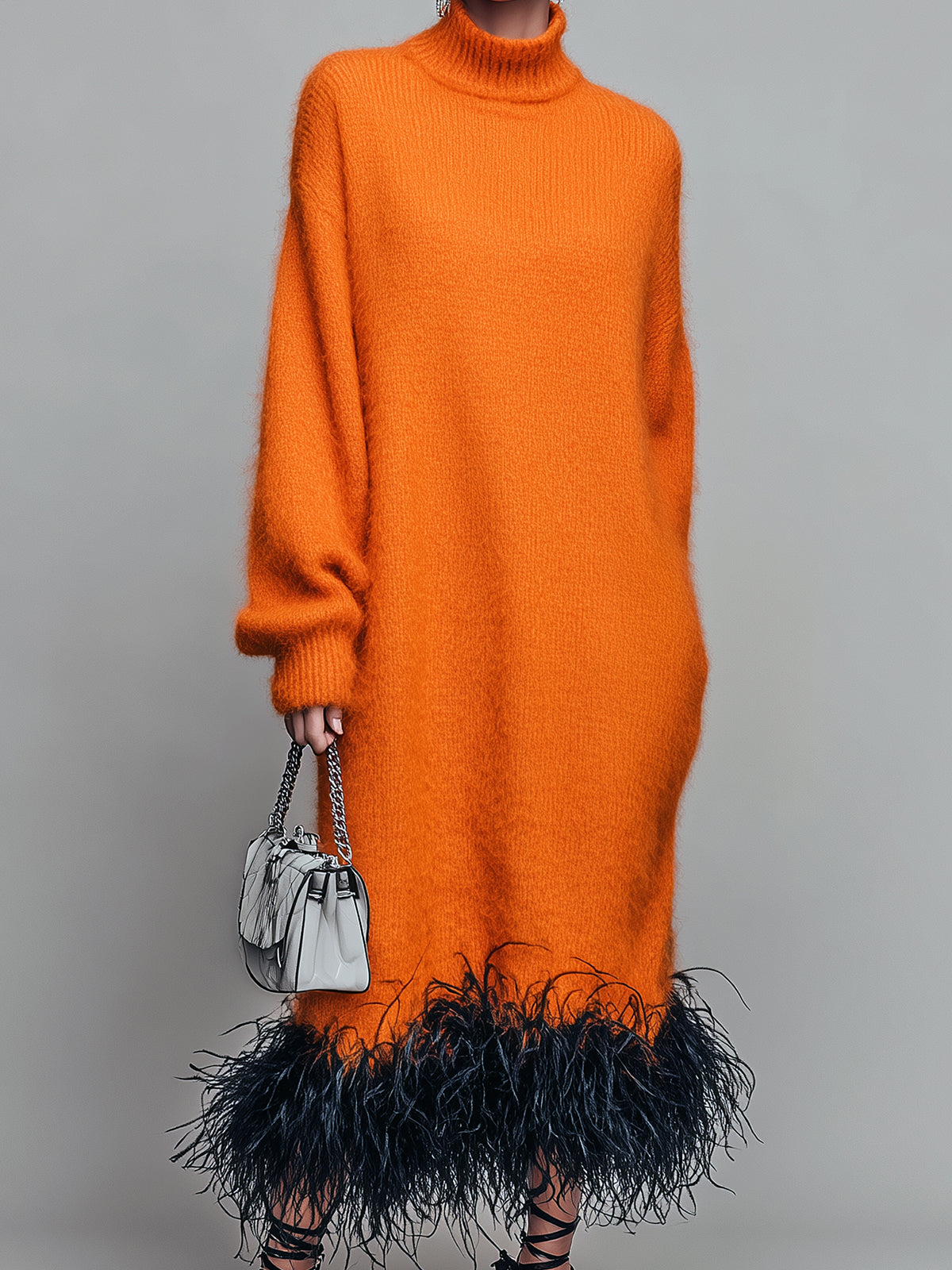 ElevenOra Chic Elegant Orange Mock Neck Long Sleeve Contrast Feather Trim Detail Oversized Knit Maxi Dress