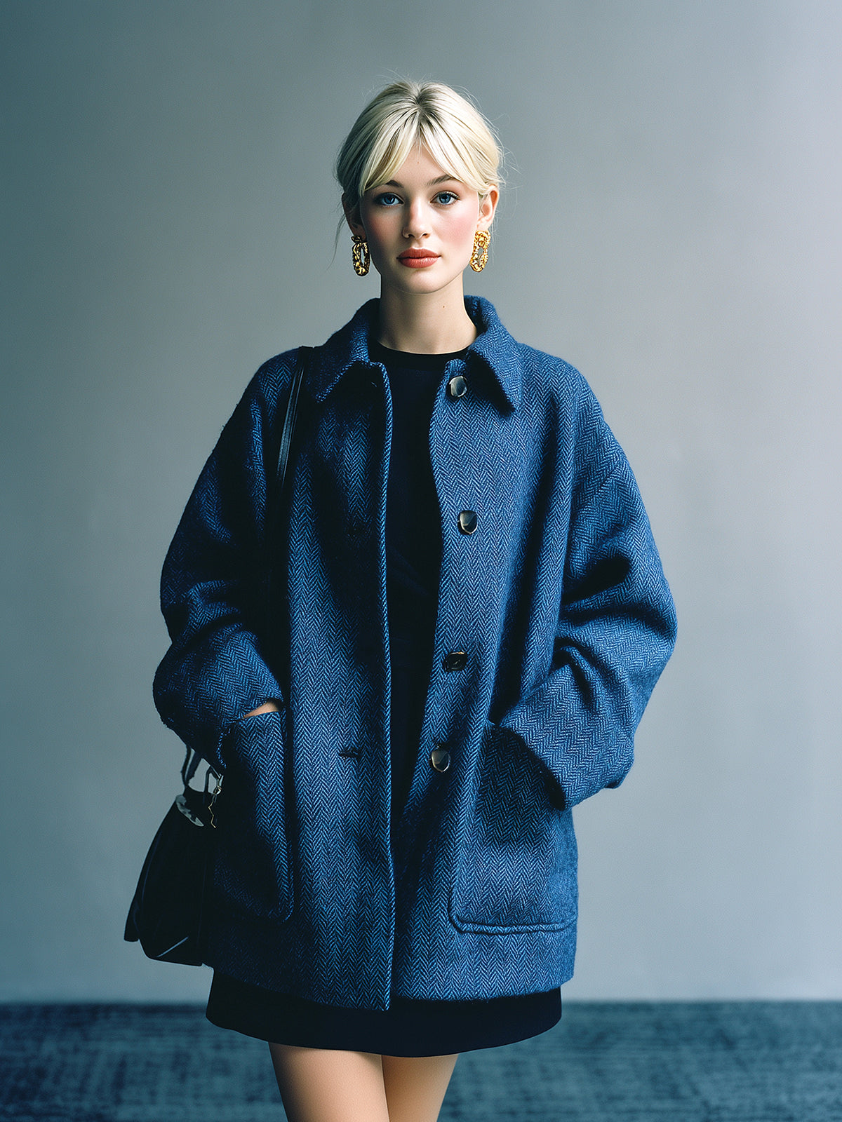 ElevenOra Chic Vintage Dark Blue Herringbone Wool Blend Lapel Single-Breasted Large Pocket Slouchy Short Coat