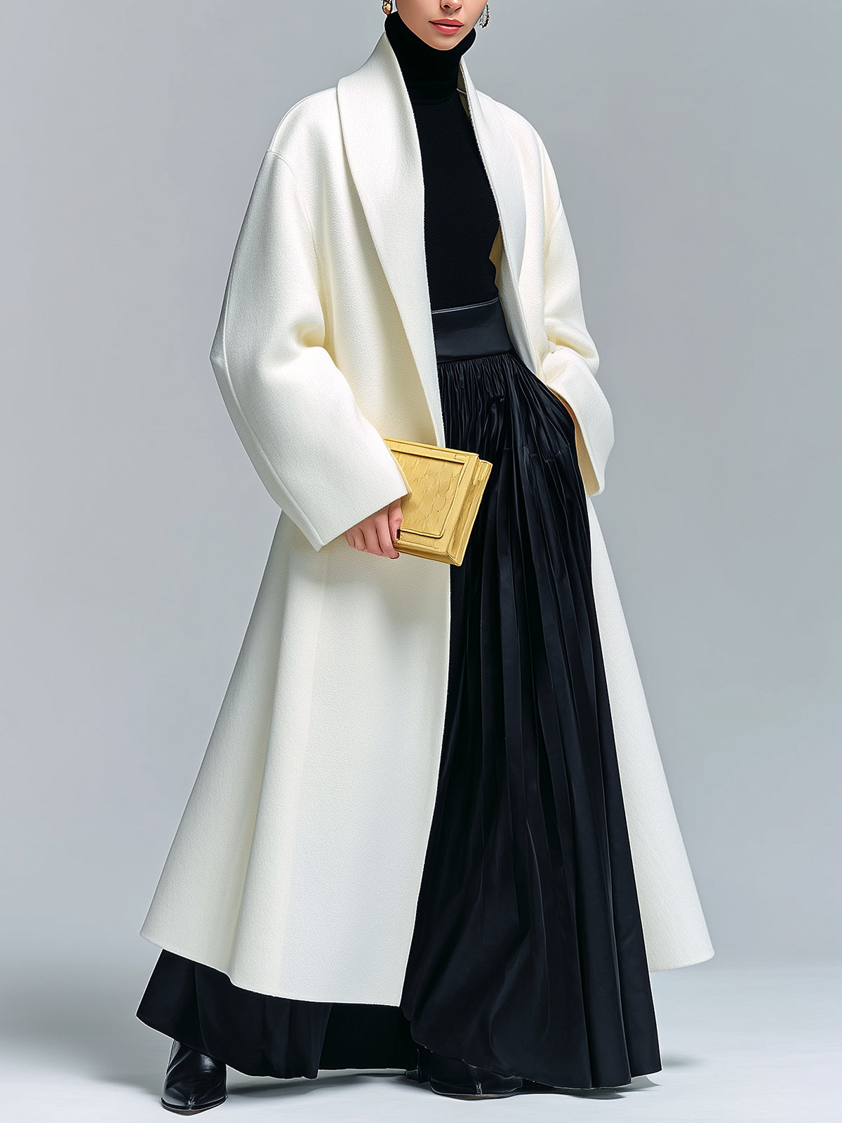 ElevenOra Vintage Elegant Cream White Wool Blend Shawl Lapel Slouchy Maxi-Length Vintage Coat