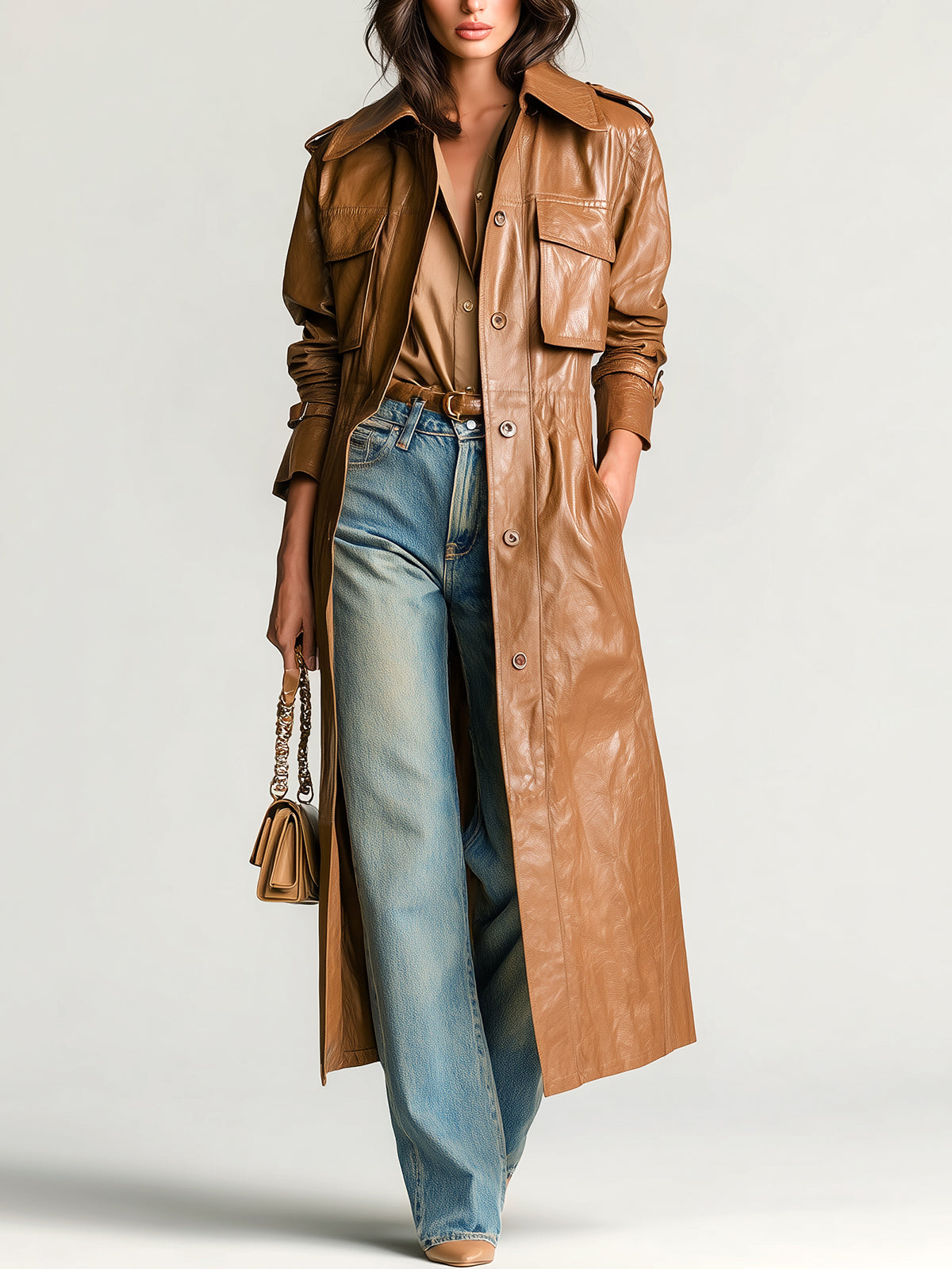 ElevenOra Chic Vintage Camel Faux Leather Lapel Single-Breasted Multi-Pocket Long Trench Coat