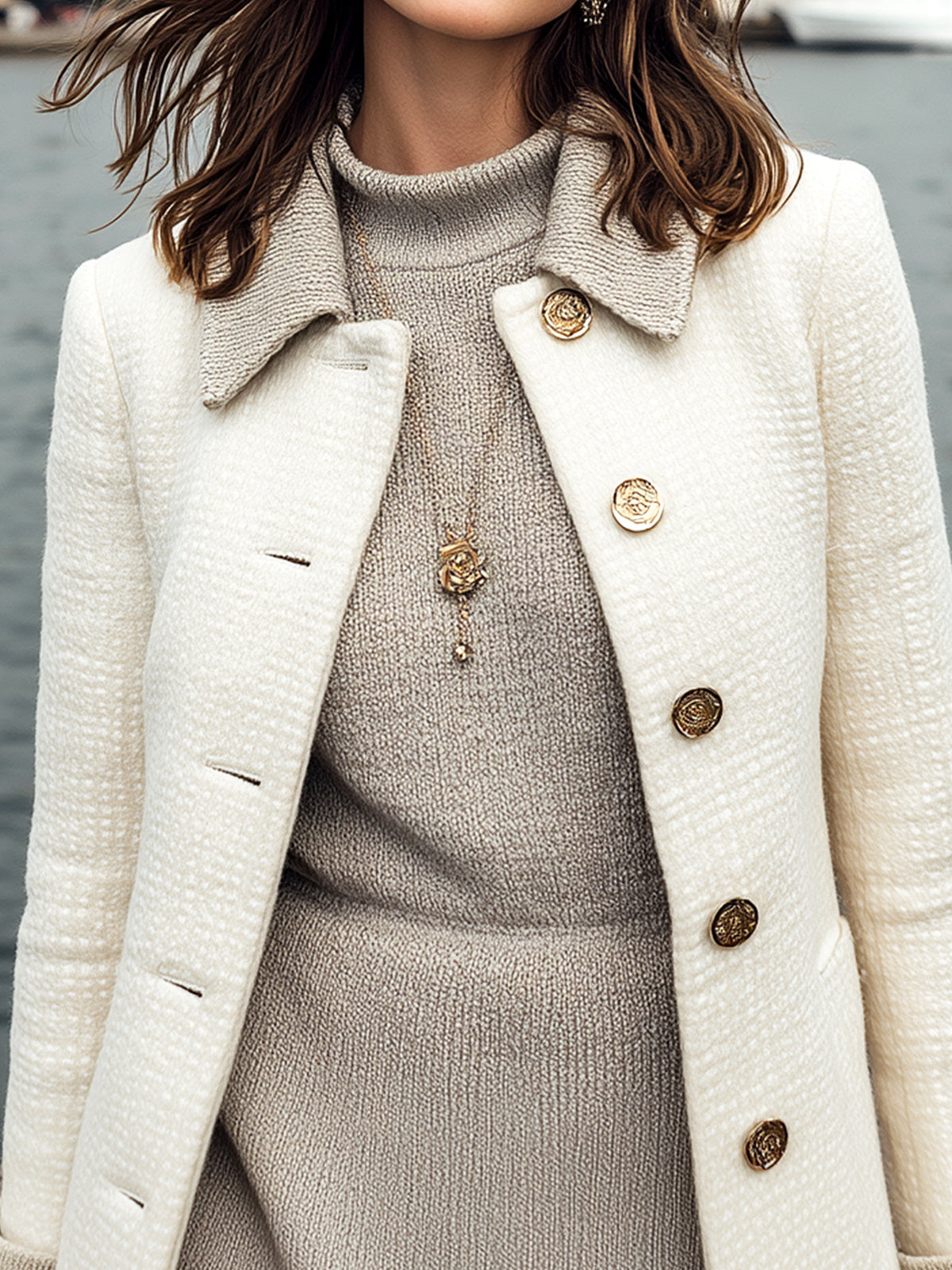 ElevenOra Vintage Elegant Contrast Stitching Tweed Lapel Single-Breasted Slim Mid-Length Coat