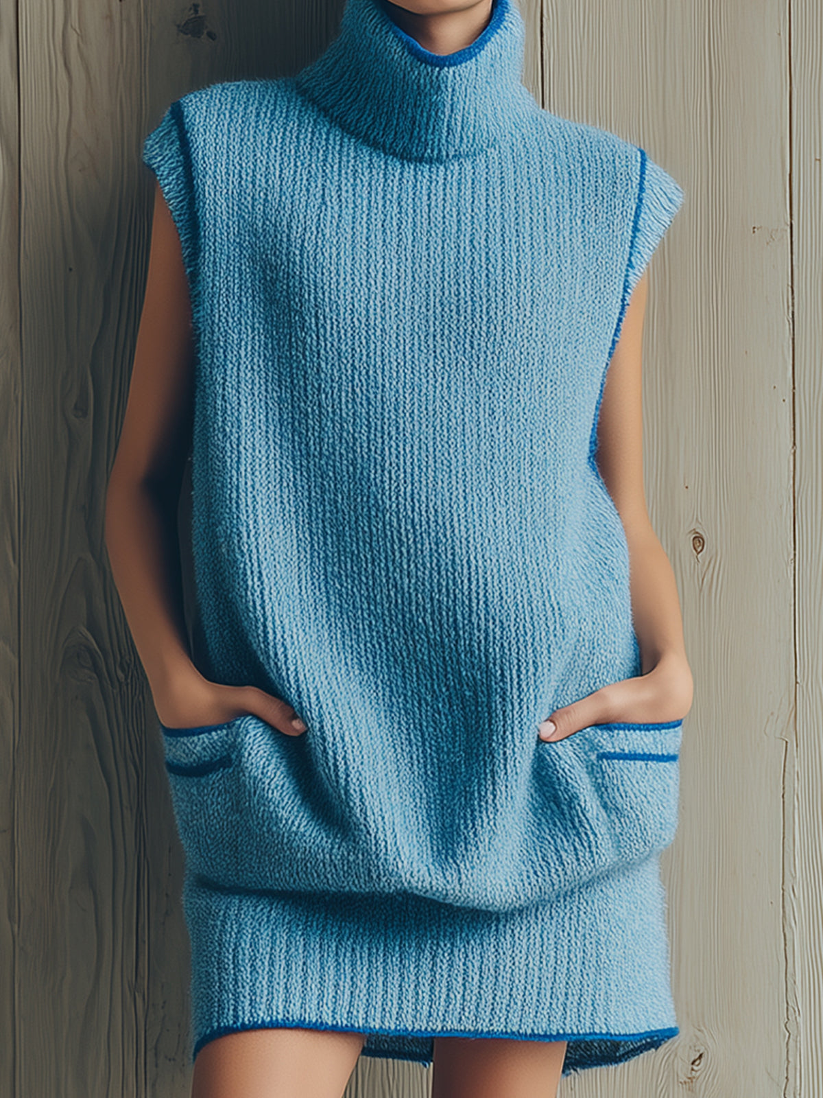 ElevenOra Chic Elegant Dark Blue Contrast Trim Turtleneck Sleeveless Patch Pocket Oversize Ribbed Knit Mini Dress