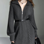 ElevenOra Chic Casual Cable Knit Zip-Up Collar Oversized Belted Long Sleeve Sweater Dress