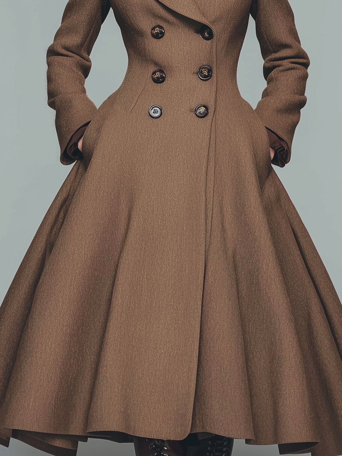 ElevenOra Vintage Brown Wool Blend Notch Lapel Double-Breasted Tailored Waist Flared Hem Mid-Length Coat