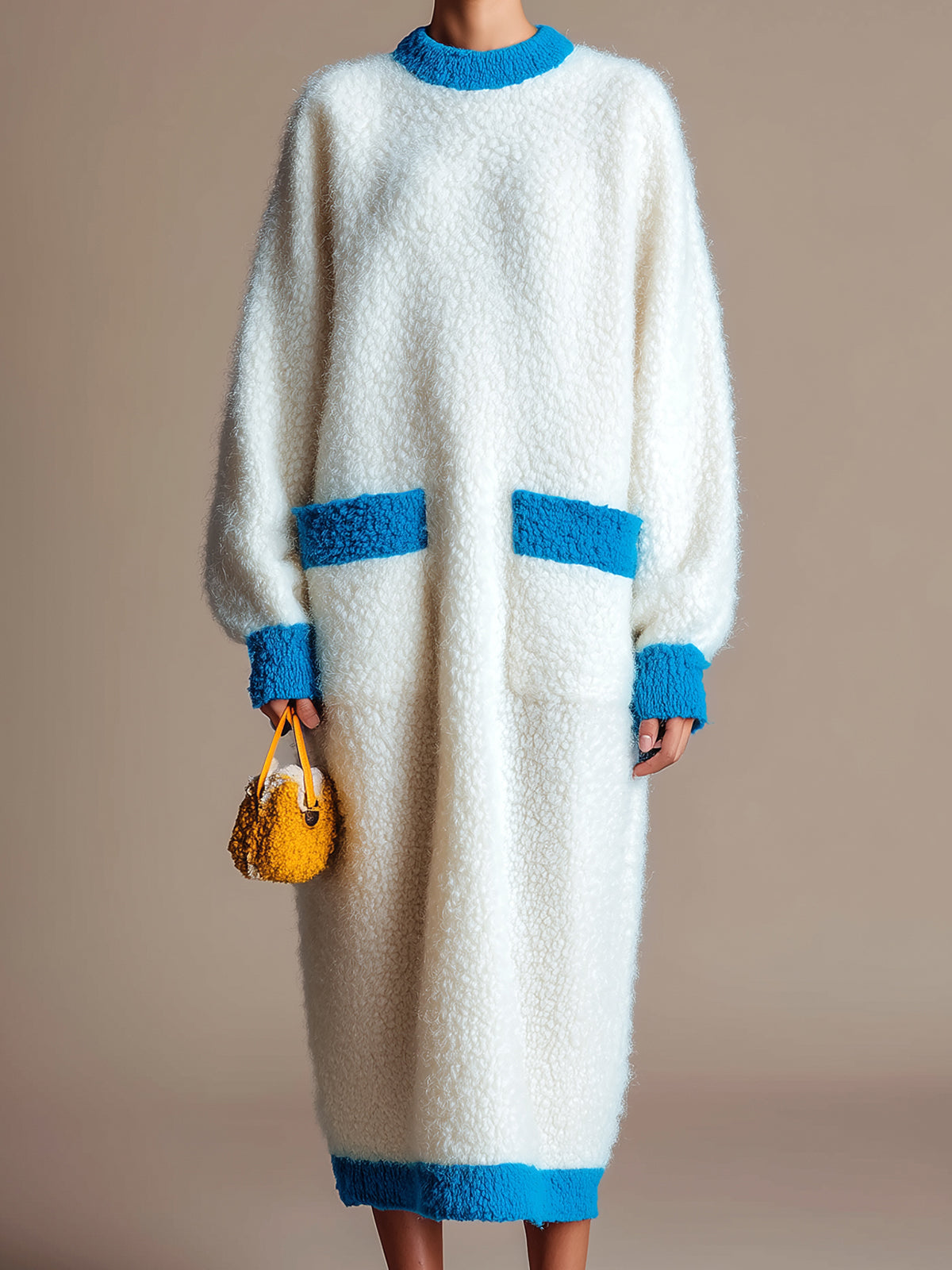 ElevenOra Chic Fuzzy Cream White Patch Pocket Contrast Trim Long-Sleeve Knit Maxi Dress