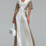ElevenOra Stylish Elegant White Contrast V-Neck Short-Sleeve Loose-Fit Tie-Waist Wide-leg Knit Jumpsuit