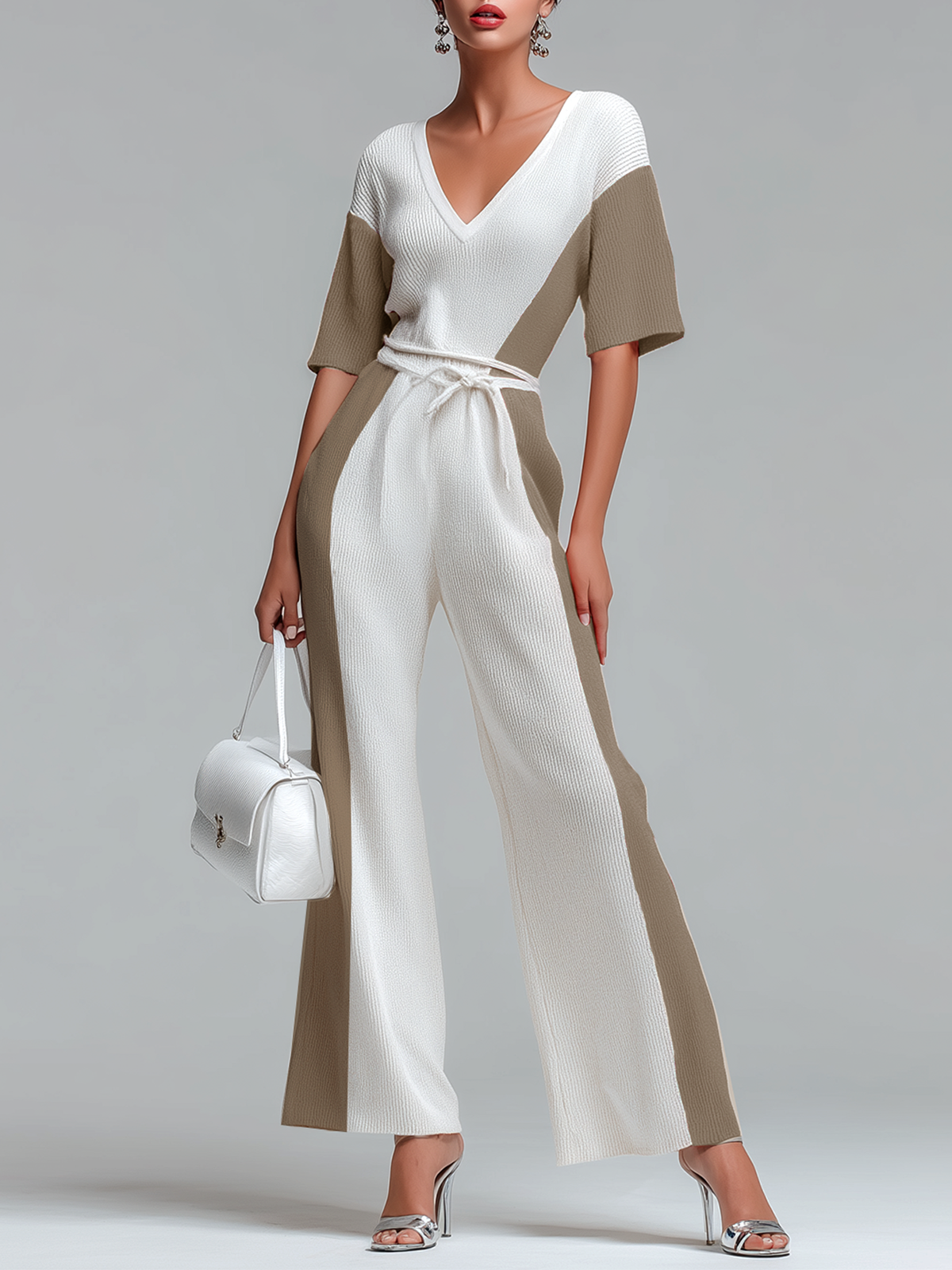 ElevenOra Stylish Elegant White Contrast V-Neck Short-Sleeve Loose-Fit Tie-Waist Wide-leg Knit Jumpsuit