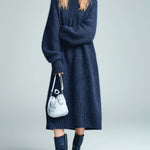 ElevenOra Chic Elegant Navy Blue Mock Neck Long Sleeve Oversized Ribbed Knit Midi Dress