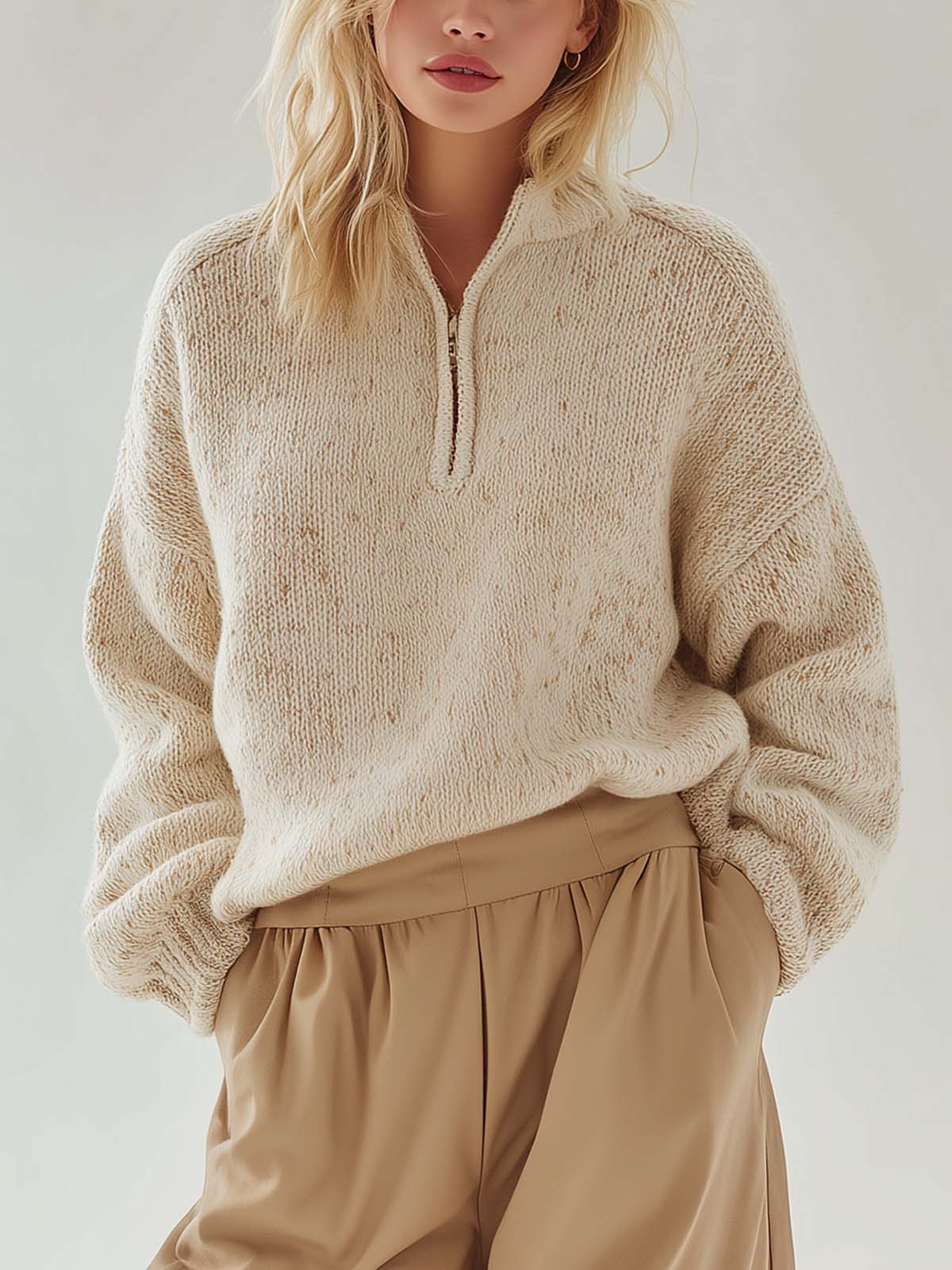 ElevenOra Chic Casual Oatmeal-colored Stand-collar Zipper-Front Loose Long-sleeved Knit Pullover Sweater