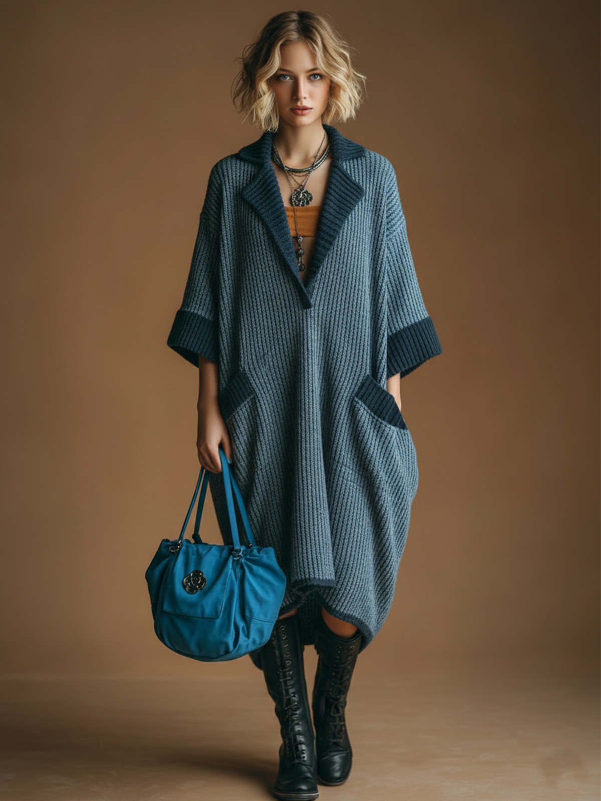 ElevenOra Chic Casual Dark Blue Notch Laple Contrast Trim Short-Sleeve Loose Ribbed Knit Midi Dress