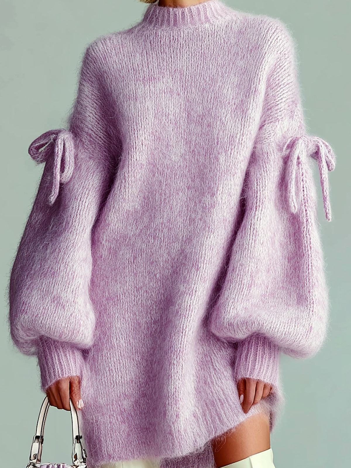 ElevenOra Chic Casual Lavender Round Neck Lantern Sleeve Bow-Embellished Oversized Fuzzy Knit Midi Dress