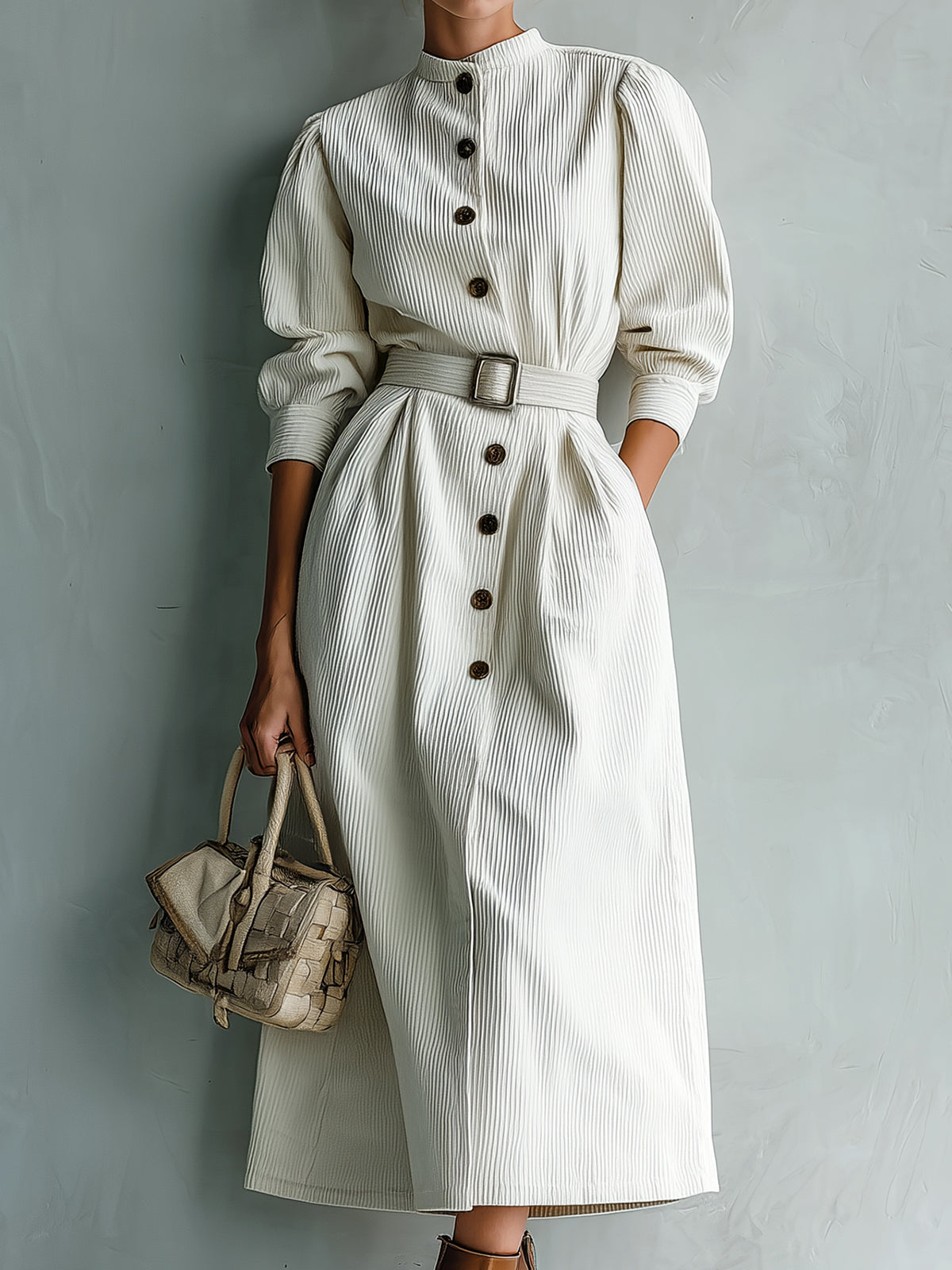 ElevenOra Casual Office White Corduroy Round Neck Single-Breasted Belted Long Sleeve Midi Dress