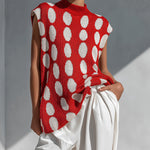 ElevenOra Chic Elegant Red-White Polka Dot Jacquard Round-Neck Sleeveless Oversized Knit Vest Top