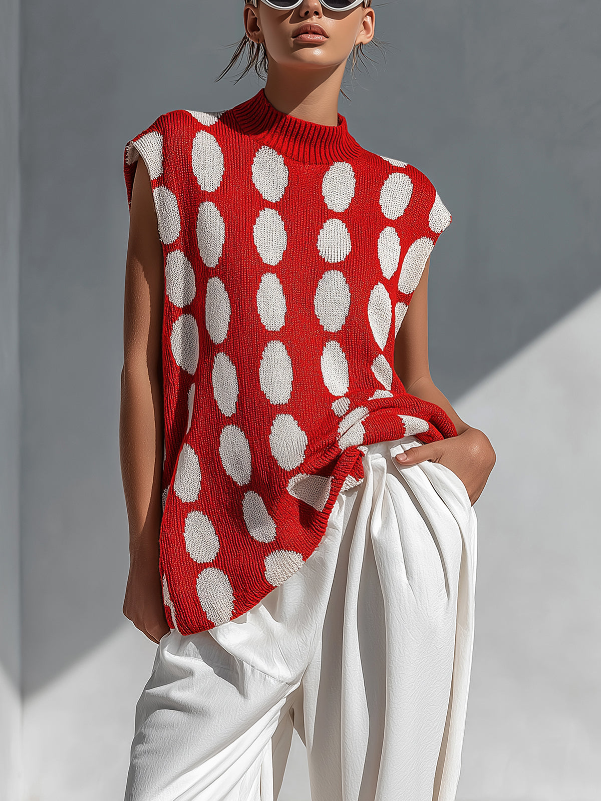 ElevenOra Chic Elegant Red-White Polka Dot Jacquard Round-Neck Sleeveless Oversized Knit Vest Top