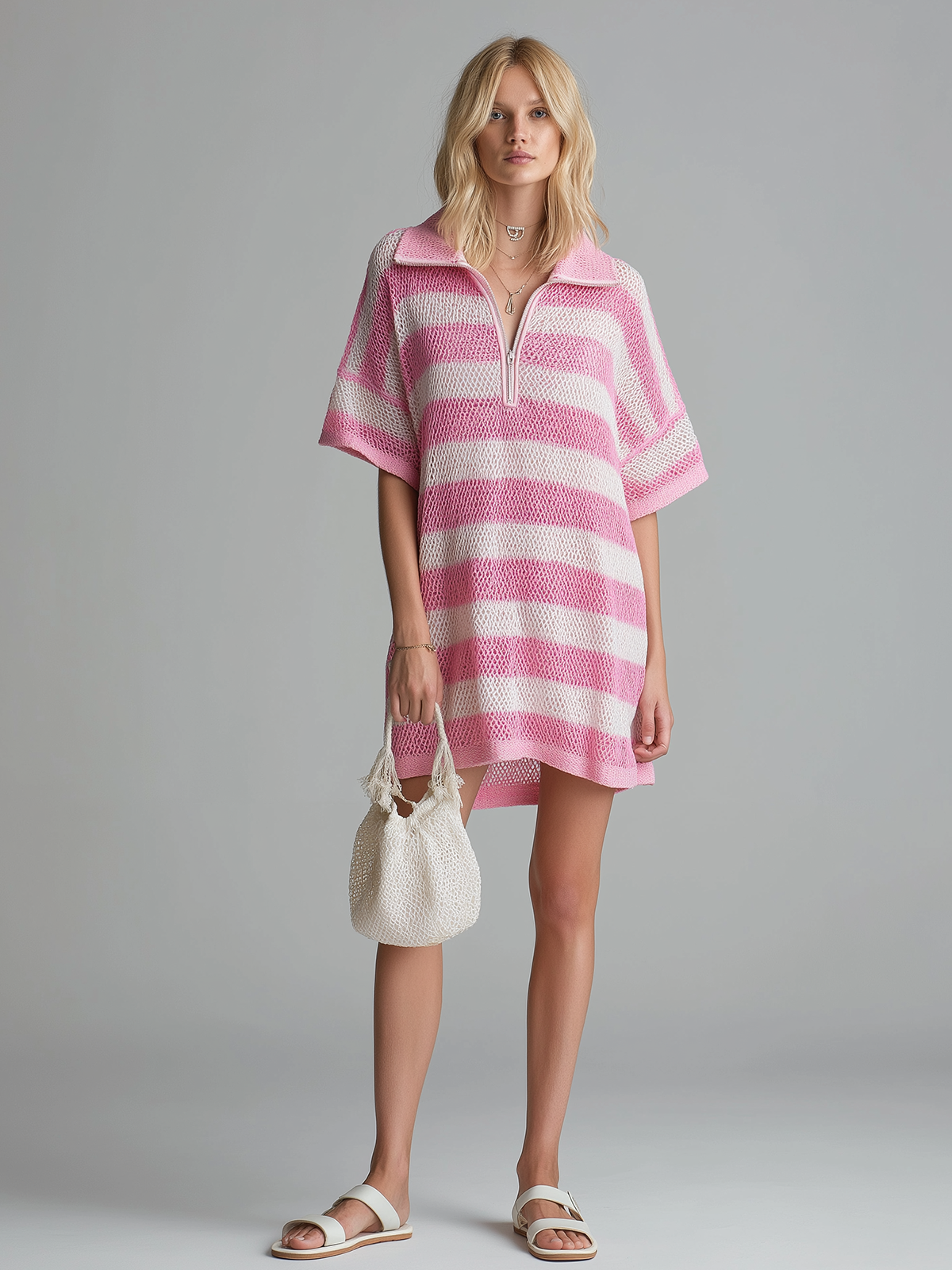 ElevenOra Chic Casual  Pink-White Striped Zipper-Up Lapel Short-Sleeve Loose Ribbed Knit Mini Dress