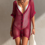 ElevenOra Chic Casual Hot Pink Deep V-Neck Single-Breasted Short-Sleeve Oversize Hollow Out Knit Mini Dress