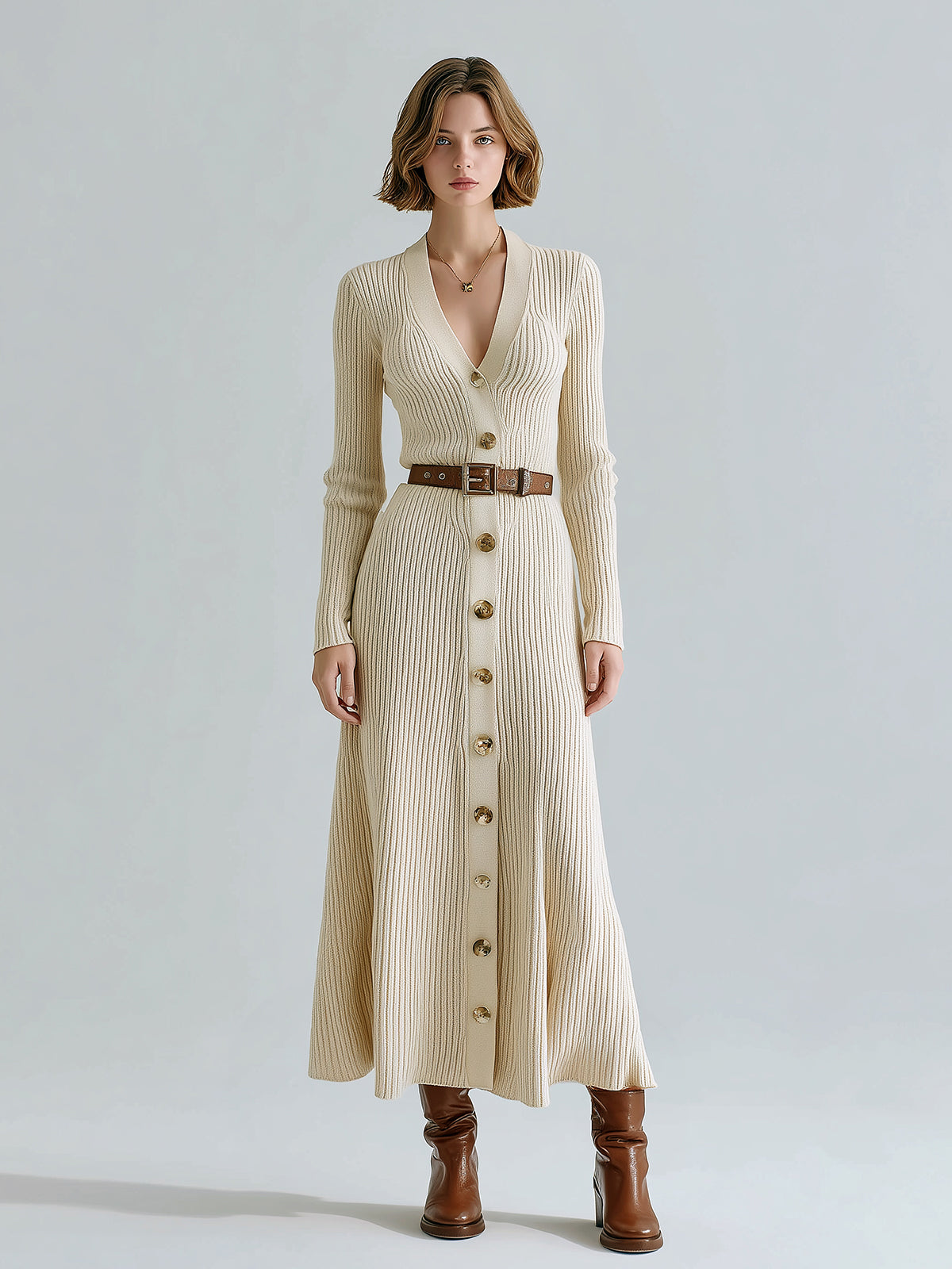 ElevenOra Chic Elegant Apricot V-Neck Single Breasted Button Front Long Sleeve Belted Ribbed Knit Maxi Dress