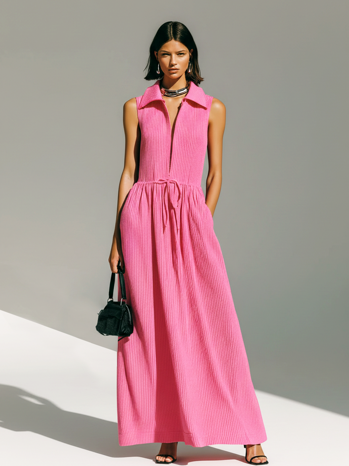 ElevenOra Stylish Elegant Pink Lapel Collar Zipper-Up Sleeveless Loose Belted Waist  Ribbed Knit Maxi Dress