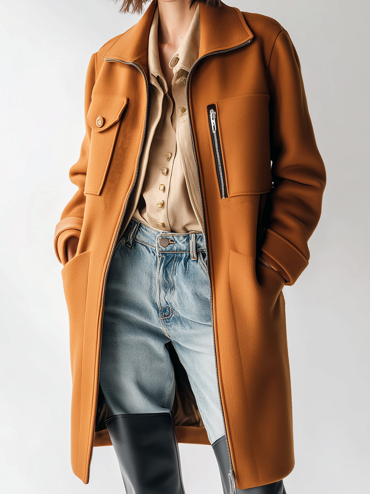 ElevenOra Chic Caramel Collared Zip-Up Multi-Pocket Mid-Length Sophisticated Statement Coat