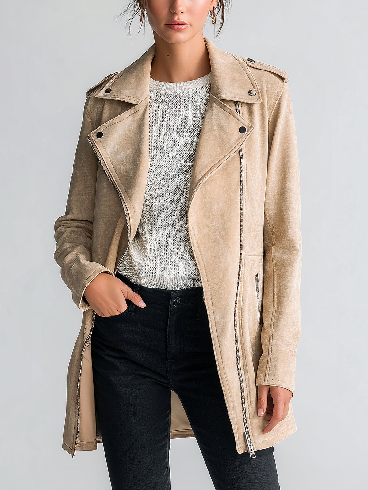 ElevenOra Chic Casual Beige Faux Suede Biker Style Lapel Asymmetric Zip Mid-Length Jacket