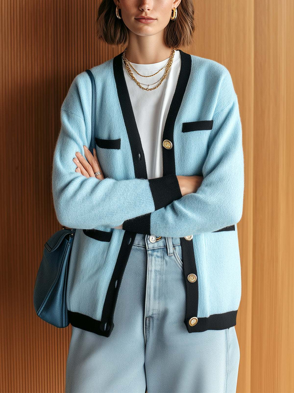 ElevenOra Chic Vintage Blue Black Colorblock V-Neck Single-Breasted Long Sleeve Slim-Fit Knit Cardigan