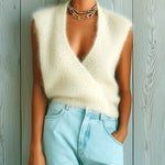 ElevenOra Chic Casual White V-Neck Wrap Sleeveless Fuzzy Knit Tank Top